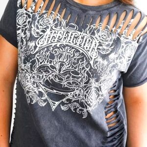 Buckle Sacred Thorn Heart Rose Cross T-Shirt torn shred black gray white